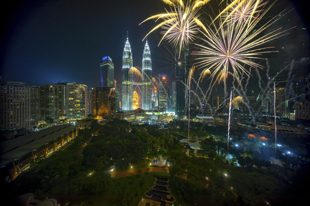 Fireworks display show over kuala lumpur city skyline