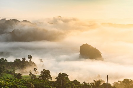 Landscape of misty mountains at the sunrise in phayao province phu lanka mountain hills north of thailand