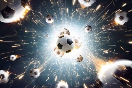 Explosion soccer balls with fire sparks in action