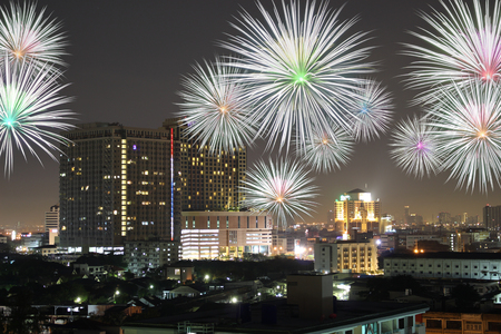 The fireworks celebration happy new year in city Stock Photo