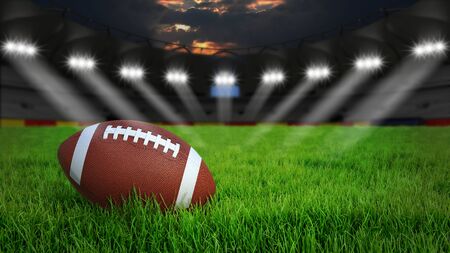 American football arena with ball on green grass illumination at night 3d rendering