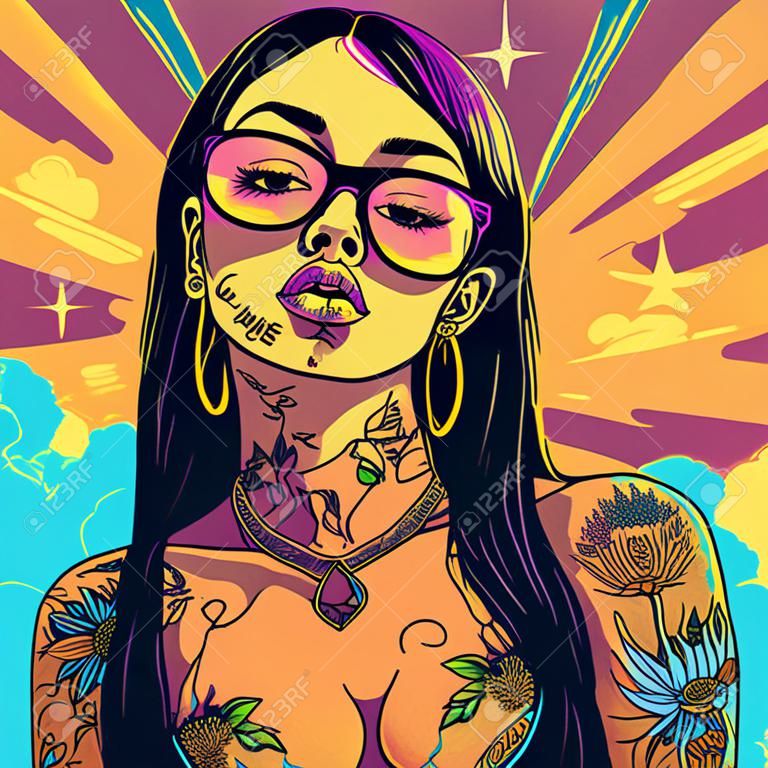 A woman with tattoos and piercings is shown in a colorful painting. The painting has a bright and cheerful mood, with the woman's face and body being the main focus. The use of bright colors